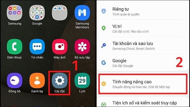 Vào Cài đặt, chọn Tính năng nâng cao