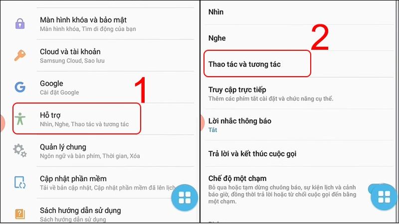 Chọn Hỗ trợ, sau đó nhấn Thao tác và tương tác