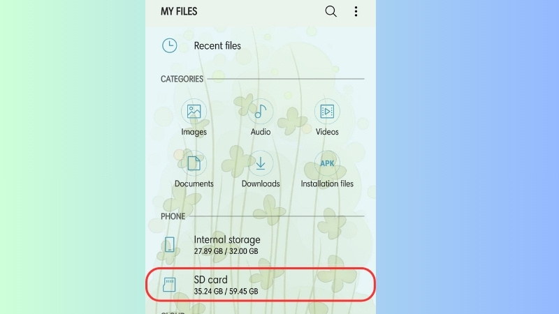  Mở Quản lý tệp trên điện thoại Samsung, chọn Thẻ nhớ (SD card)