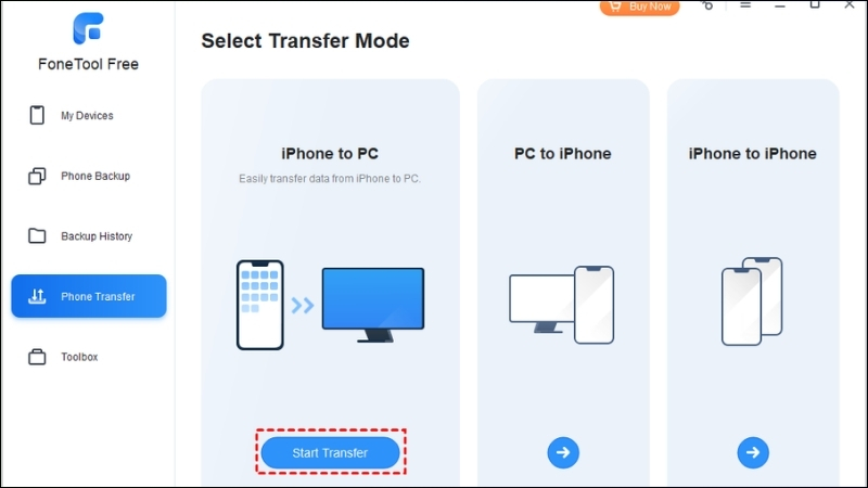 Mở FoneTool, chọn iPhone to PC, rồi nhấn Start Transfer