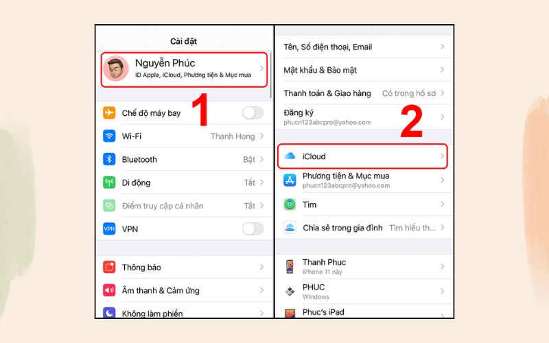 Chọn vào mục iCloud để tùy chỉnh liên quan đến iCloud