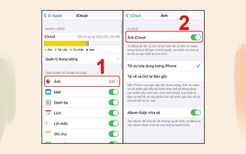 Chọn vào mục iCloud để tùy chỉnh liên quan đến iCloud