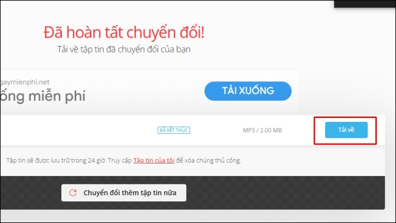 Bấm nút Tải về để tải file vừa chuyển đổi về máy