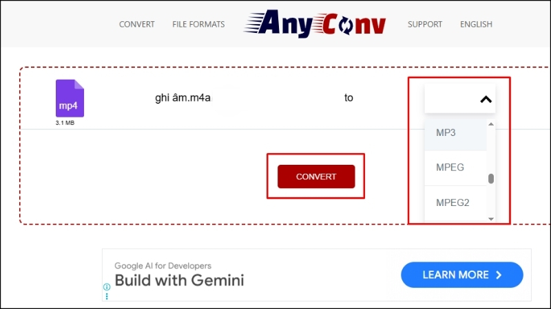 ấm nút ĐỔI để tiến hành chuyển đổi file