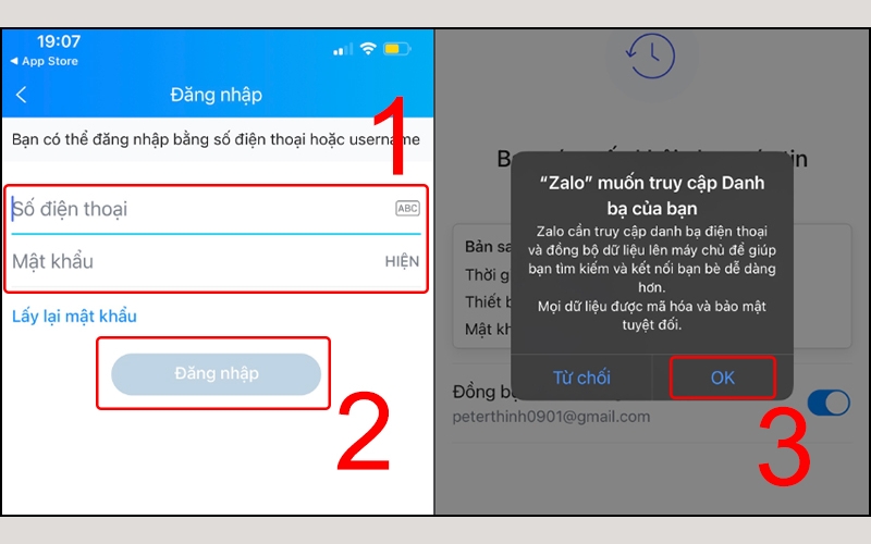 Nhập số điện thoại và mật khẩu của tài khoản Zalo
