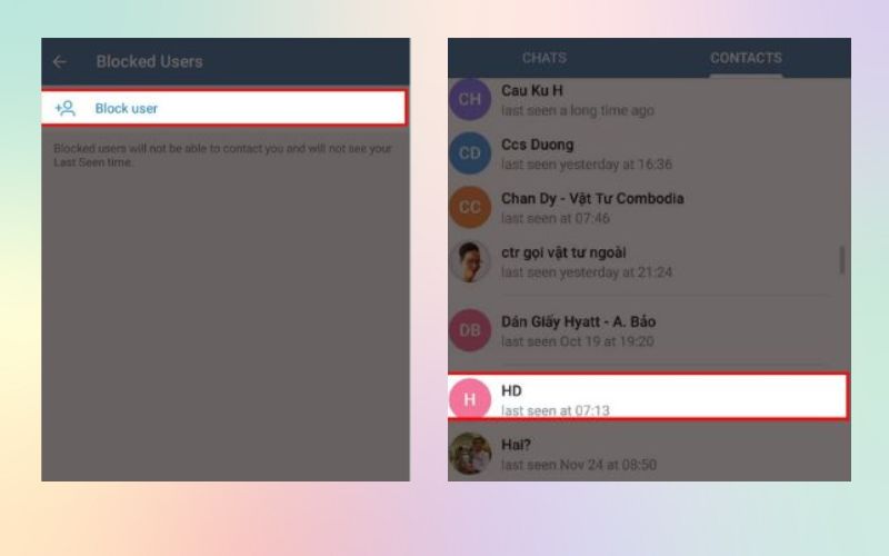 Chọn liên hệ muốn chặn trên Telegram