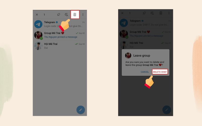 Thao tác xóa đoạn chat trên ứng dụng Telegram