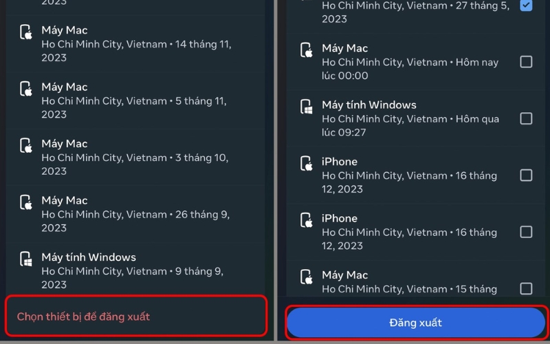 Chọn thiết bị bạn muốn đăng xuất và nhấn Đăng xuất