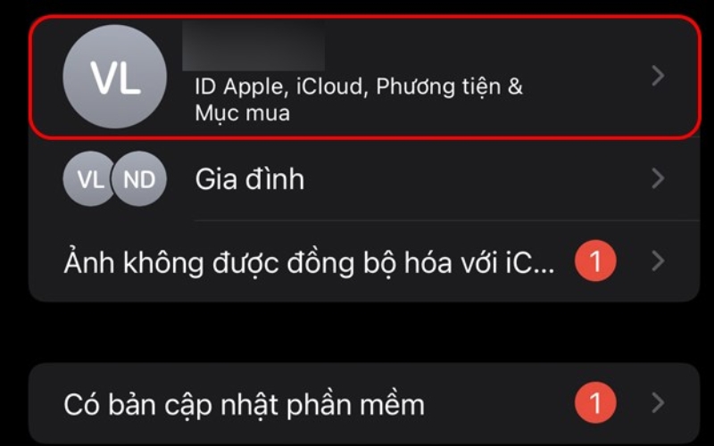 Nhấp vào tài khoản ID Apple