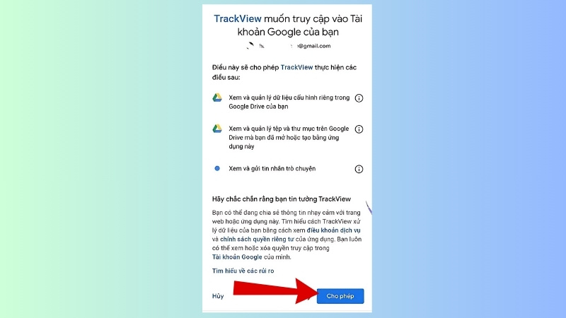Mở TrackView, đăng nhập bằng Gmail và cấp đầy đủ quyền