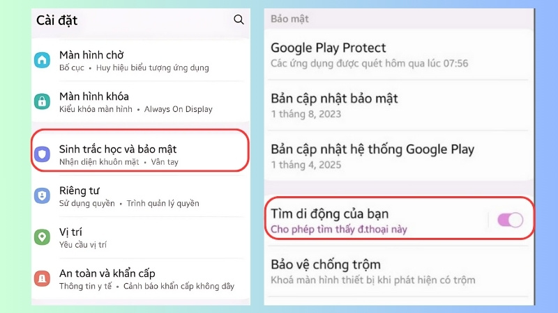 Vào Cài đặt > Sinh trắc học và bảo mật > Tìm di động của bạn