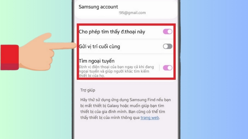 Bật Cho phép tìm thấy đ.thoại này, Tìm ngoại tuyến và Gửi vị trí cuối cùng
