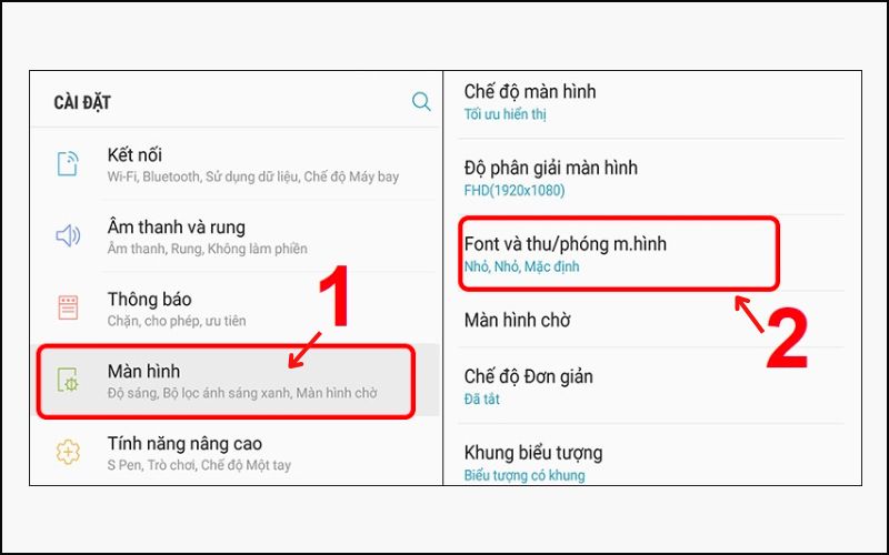 Chọn mục Font và thu/phóng màn hình