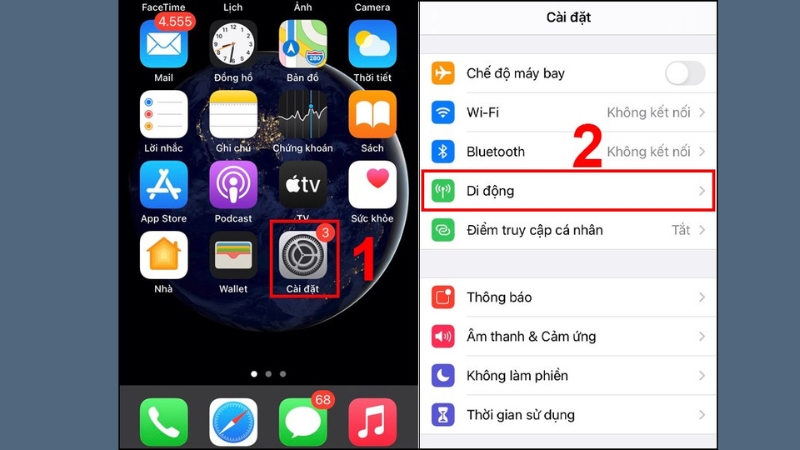 Mở ứng dụng Cài đặt trên iPhone, sau đó chọn mục Di động