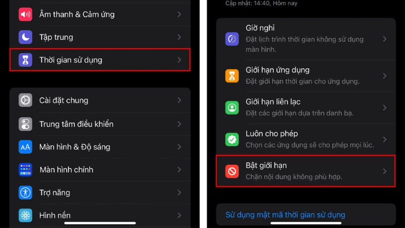 Chọn Thời gian sử dụng và nhấn Bật giới hạn