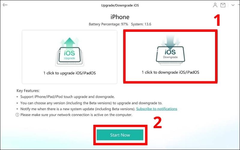 Nhấn 1 click to downgrade iOS/iPadOS
