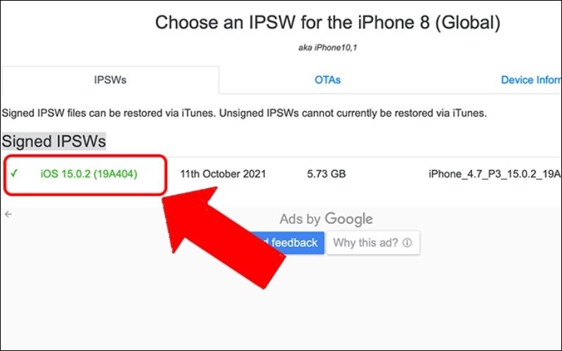  Ở phần phần IPSWs PSWs, sẽ hiển thị phiên bản hệ điều hành có thể hạ cấp