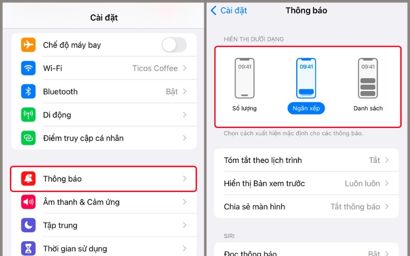 Chọn dạng thông báo bạn muốn tại HIỂN THỊ DƯỚI DẠNG