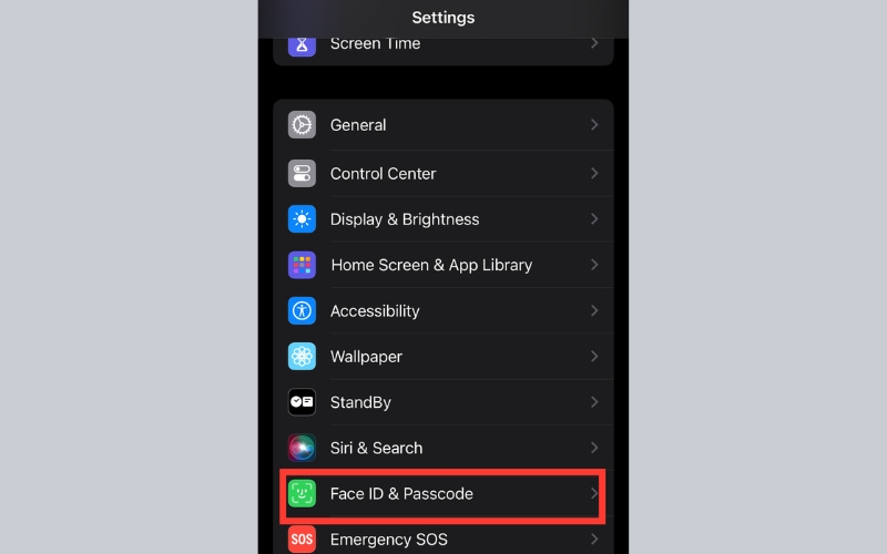 Chọn mục Face ID & Mật mã