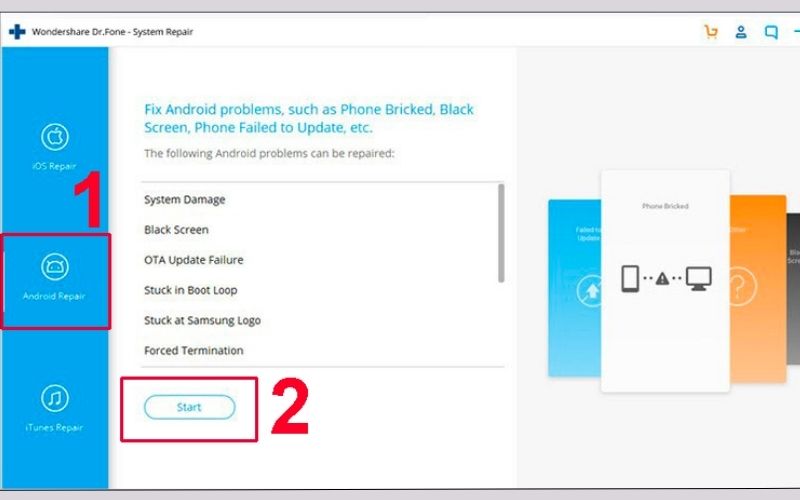 Chọn Android Repair và chọn Start để bắt đầu sửa lỗi