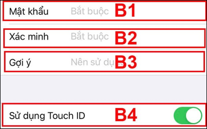 Nhập mật khẩu cũ, mật khẩu mới, xác minh mật khẩu mới và gợi ý mật khẩu