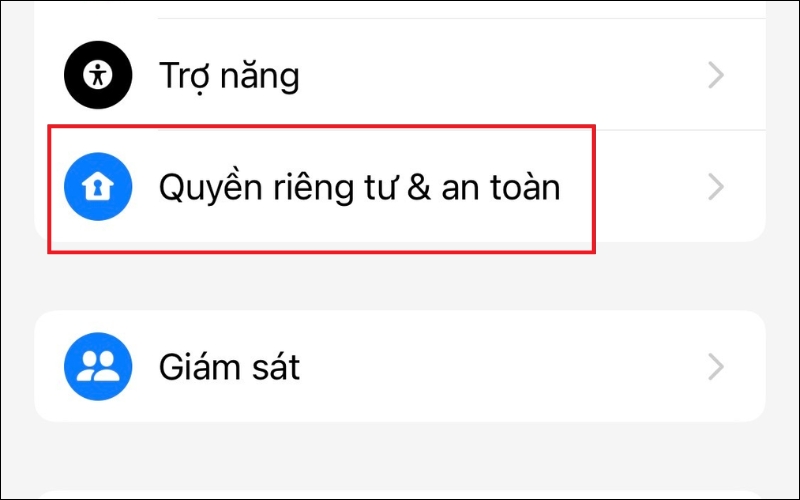 Chọn Quyền riêng tư và an toàn