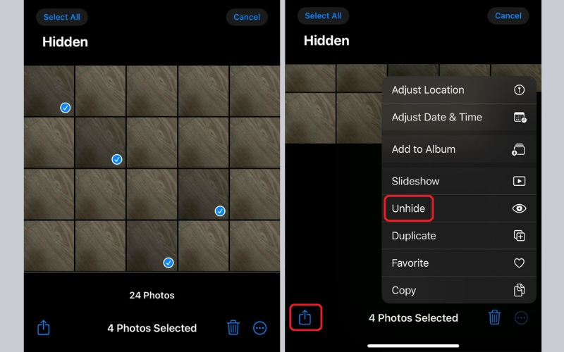 Nhấn nút Share > Chọn Unhide