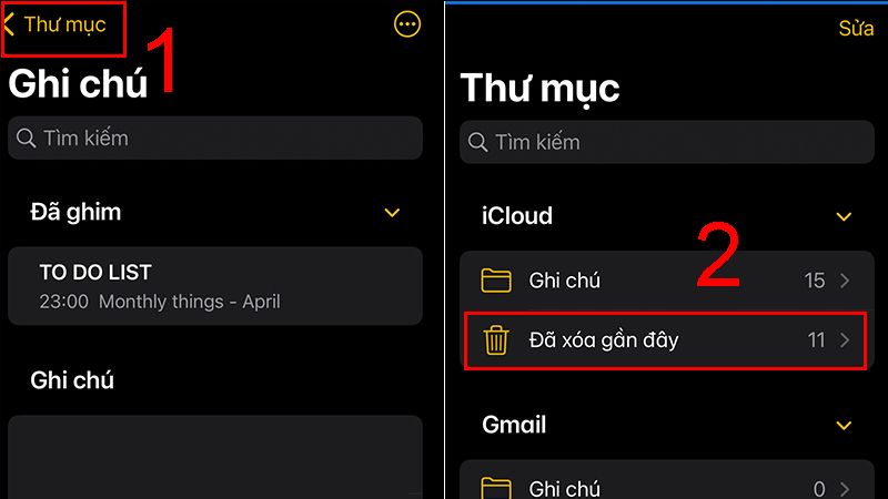 Mở thư mục Đã xoá gần đây để khôi phục ghi chú