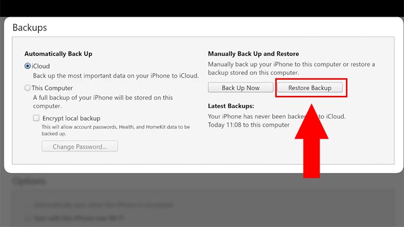 Nhấp vào Restore Backup để khôi phục