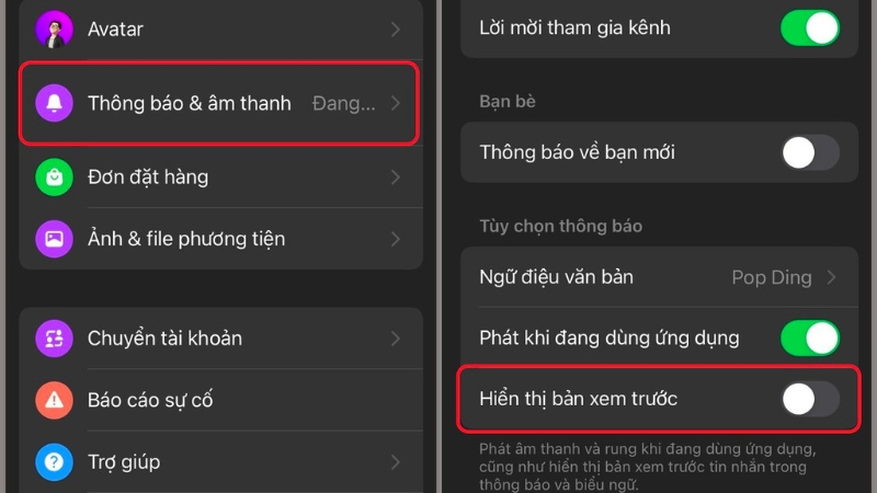 Bật/tắt tùy chọn Hiển thị bản xem trước để hiển thị hoặc ẩn nội dung tin nhắn