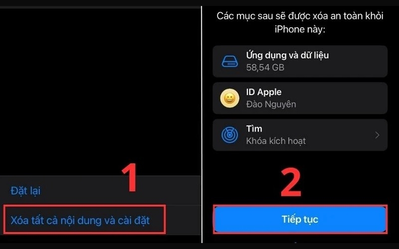 Chọn Xóa tất cả nội dung và cài đặt