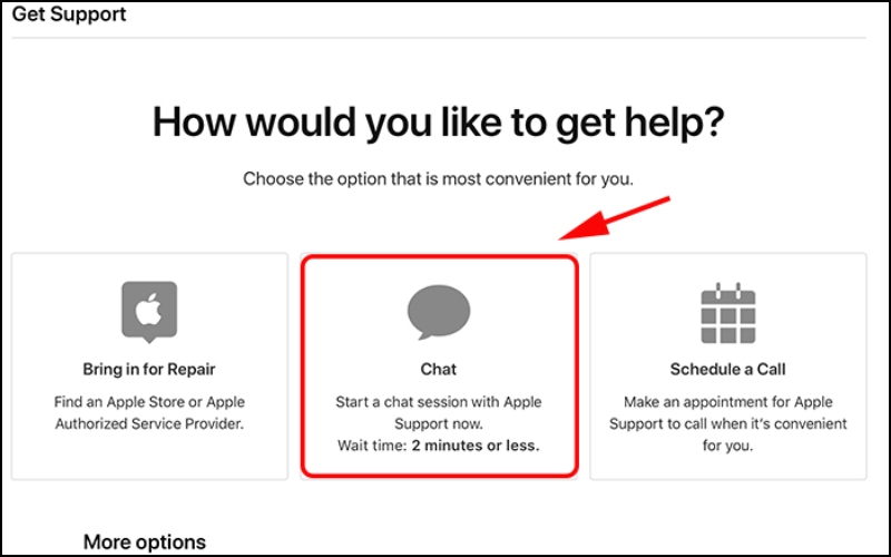 Chọn Chat để bắt đầu trò chuyện với nhân viên hỗ trợ của Apple