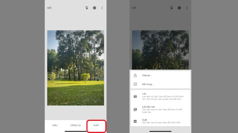 Nhấn vào Xuất và tiến hành lưu ảnh
