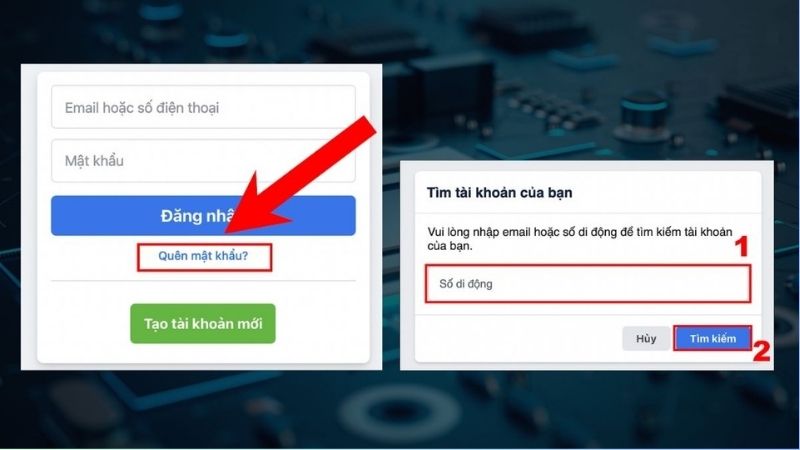 Chọn Quên mật khẩu và nhập điện thoại hoặc email đã đăng ký Facebook