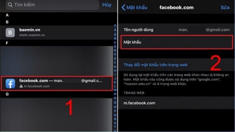 Nhấn chọn tài khoản Facebook bạn muốn xem lại mật khẩu