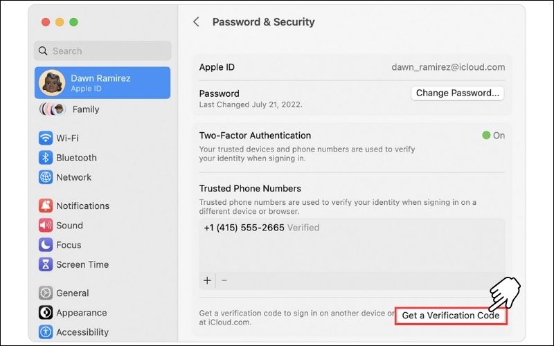 chọn get verification code để nhận mã trên macbook