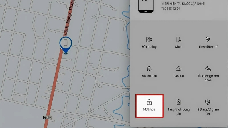  Chọn thiết bị Samsung của bạn trong danh sách các thiết bị đã đăng ký và chọn tùy chọn Mở khóa