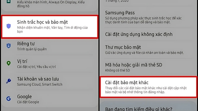 Mở Cài đặt > Chọn Sinh trắc học và bảo mật > Cài đặt bảo mật khác