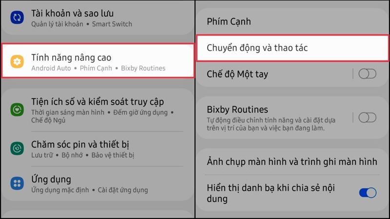Chọn mục Chuyển động và thao tác
