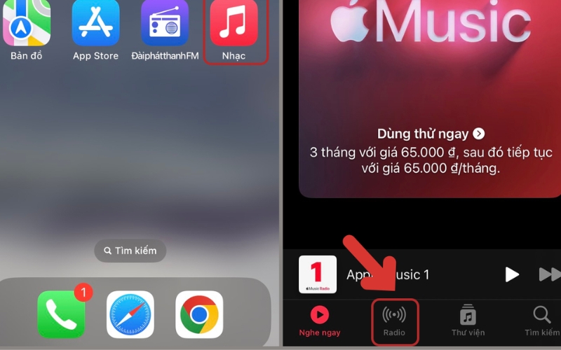 Mở ứng dụng Nhạc trên iPhone và chọn biểu tượng Radio