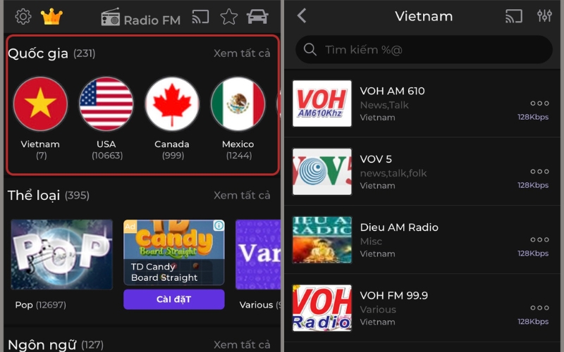 Chọn quốc gia mà bạn muốn nghe radio