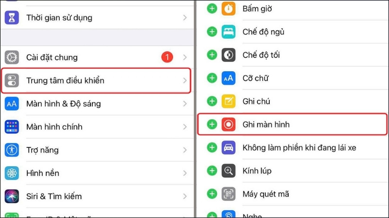 Tìm Ghi màn hình (Screen Recording) > Nhấn dấu cộng (+) màu xanh lá bên cạnh để thêm