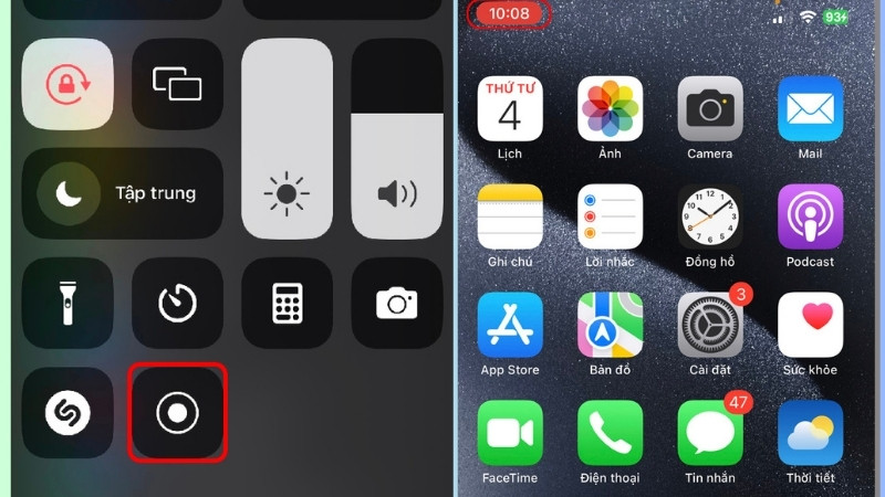  iPhone đếm ngược 3 giây trước khi bắt đầu ghi, thanh trạng thái phía trên màn hình sẽ chuyển sang màu đỏ