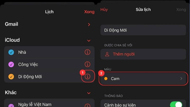 Đổi màu sắc cho từng lịch