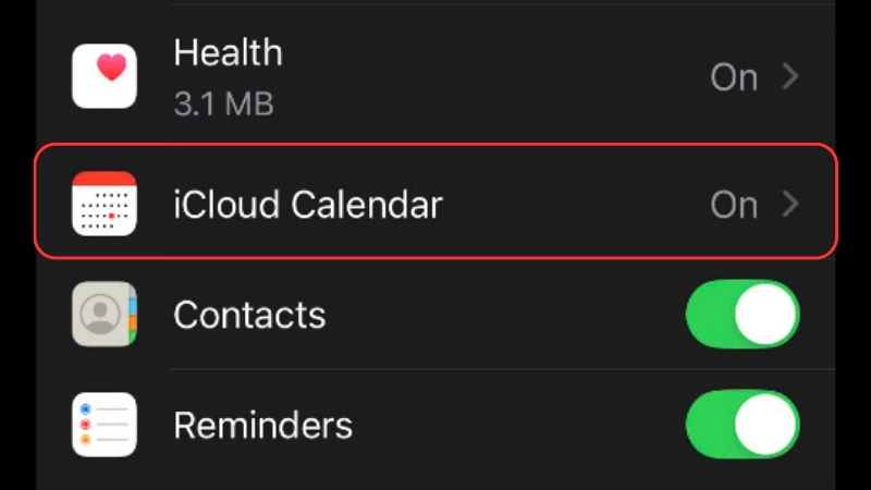 Trong mục Ứng dụng sử dụng iCloud, đảm bảo Lịch đã được bật