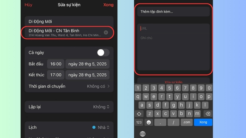 Thêm địa điểm, ghi chú và tệp đính kèm