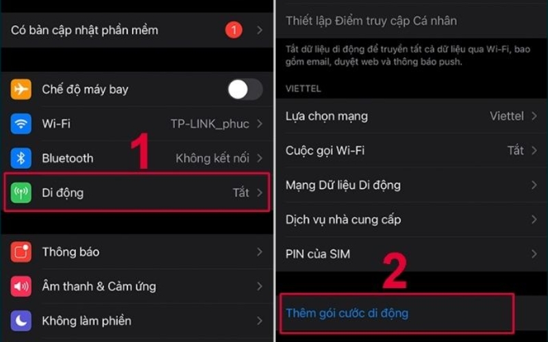 Nhấn vào Thêm gói cước di động