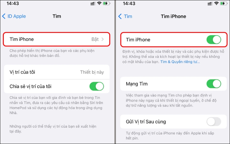 Nhấp vào mục Tìm và kích hoạt tính năng Tìm iPhone