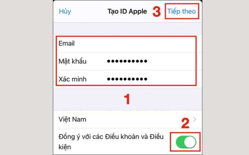 Nhập thông tin cá nhân như email và mật khẩu