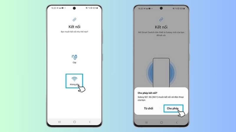 Chọn phương thức kết nối không dây qua cùng mạng WiFi hoặc dùng dây cáp